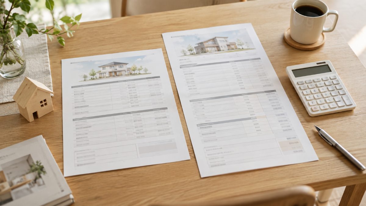 注文住宅の見積書を2社分並べて比較しているテーブル